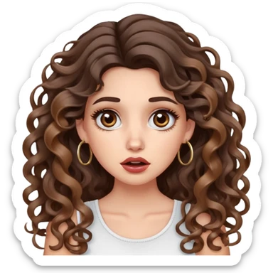 cute girl with not volominous VERY LONG curly/wavy brunette hair with balayage, brown eyes, full lips, cute makeup and hoop earrings white girl: shocked face sticker