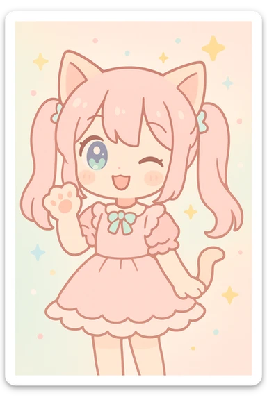 cute anime cat girl, twin tails, winking, holding a paw up, frilly dress, sparkly background sticker