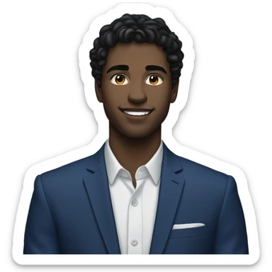 26 year old male portrait, small yes, black wavy hair, blue suits, class, white skin sticker