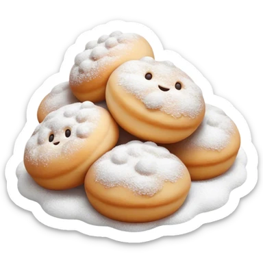 Cinematic Realistic Fritule Dessert Emoji, featuring small, fluffy dough balls dusted with powdered sugar rendered with delicate textures and warm, inviting lighting. sticker