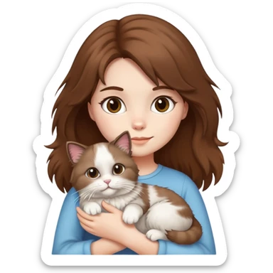 brown-haired girl holding a fluffy ragdoll cat sticker