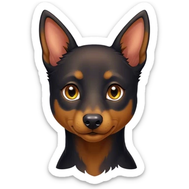 Cinematic Noble Black and Tan Kelpie Portrait Emoji, Poised and regal, with a strong, agile build and a glossy, well-groomed Fur of deep black and tan accents, piercing dark eyes, Simplified yet sharp and sophisticated features, highly detailed, glowing with a soft, dignified glow, high shine, intelligent and energetic, stylized with an air of determination, focused and attentive, soft glowing outline, capturing the essence of a watchful and confident herder, so majestic it feels as though it could bound out of the screen with effortless authority! sticker