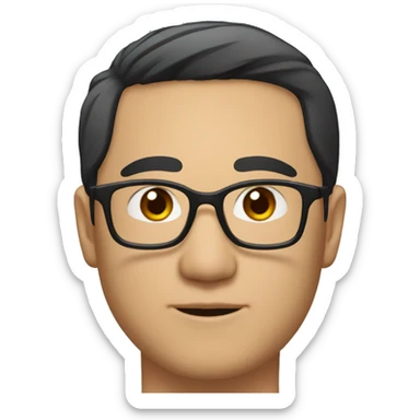 A head and shoulders shot of a 37 year old Asian man, with short black hair,  wearing glasses with brown eyes wearing a t-shirt. sticker