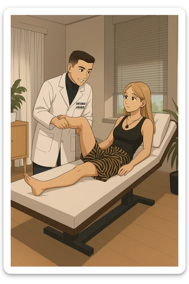 fai un webtoon/manga a colori con questo kinesiologo in camice bianco (fagli la scritta "ANTONIO ANANIA" SUL CAMICE) CHE SVOLGE UN TEST NEUROMUSCOLARE SOLLEVANDO UNA GAMBA ALLA RAGAZZA CHE è STESA SU UN LETTINO BIANCO. STANZA SEMPLICE E MODERNA, DURANTE IL TEST I DUE DIALOGANO TRA LORO. NON FARE I FUMETTI, FAI SOLO LORO COME SE DIALOGASSERO sticker