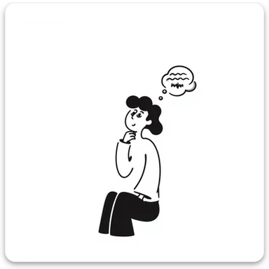 notion-style black doodle of a person sitting and thinking, thought cloud, sketchy lines sticker