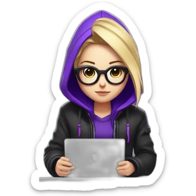 Girl blond artist with round glasses left side behind his laptop with this style: valorant riot Game purple character purple black hooded hacker themed character sticker