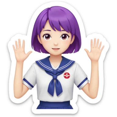 Anime girl with short bright purple hair wearing Japanese sailor style school uniform, composed posture with hand on hip but shyly waving with other hand, blushing face and timid smile sticker