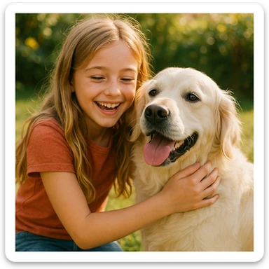 dirty blonde girl with long hair and dark blue eyes, petting an English cream golden retriever, cheerful atmosphere sticker
