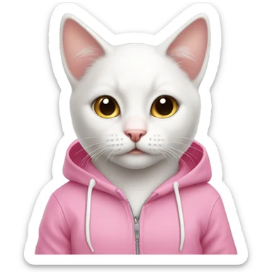 White cute cat wearing pink hoodie sticker