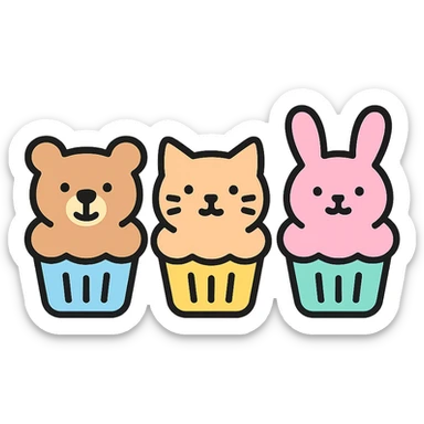 mini cupcakes with animal faces of bear, cat, and rabbit, soft pastel tones, lineal color icon with black outlines, transparent background sticker