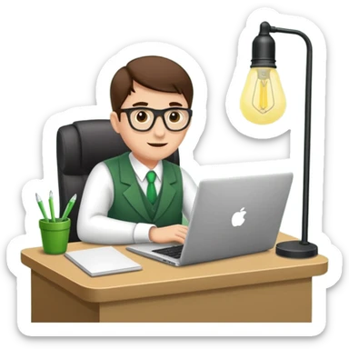 Mach mir einen Trader mit Anzug der mit seinem Laptop am schreibtisch sitzt mit so einer alten grünenlampenschirm lampe sticker