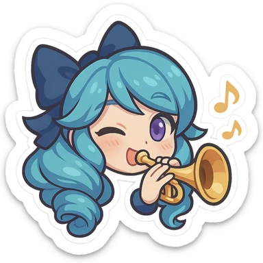 chibi style emote of Gwen from League of Legends, just the head, right eye purple, playing a trumpet, excited expression sticker