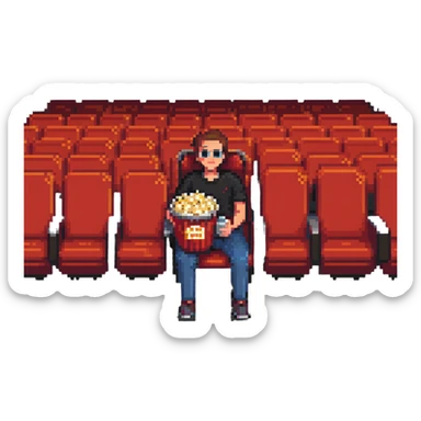 Pixel art person sitting in movie theater chair with popcorn bucket, watching big screen sticker
