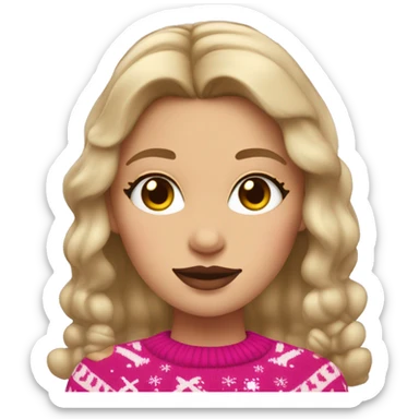 dark blond hairwd girl with christmas sweater and raindeer horns and pink lipstick sticker