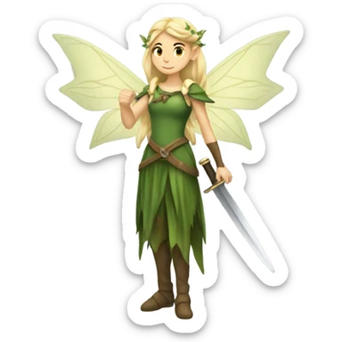 Female forest fairy, wings, pointed elf ears, blonde hair, vines, holding medieval sword sticker