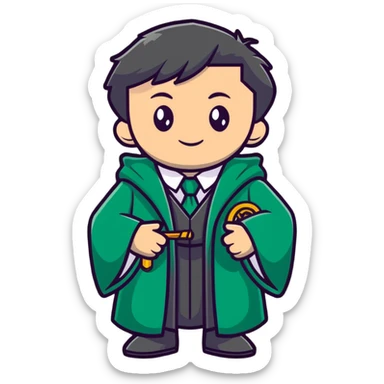 Young wizard in Slytherin uniform with green tie and robe sticker