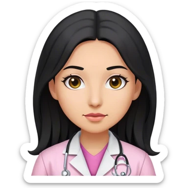 Female doctor wearing pink undershirt and lab coat with long black hair and olive skin sticker