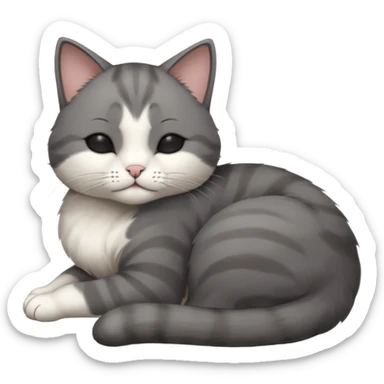 dark grey and white small cat with his eyes closed, leaning his head on his paw while leaning on his elbow lying down sticker