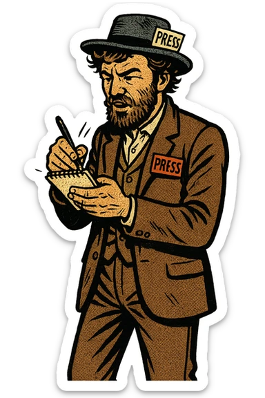 The full body of a scruffy American male journalist from the 1880s holding a note pad and pen. He is wearing a 'press' badge on his chest. sticker