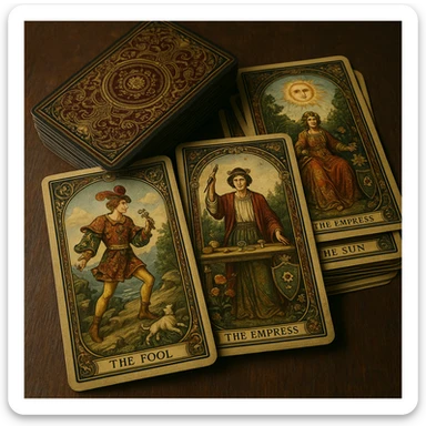 highly detailed tarot deck with decorative card backs, classic Victorian motifs, rich colors, cards stacked and slightly spread sticker