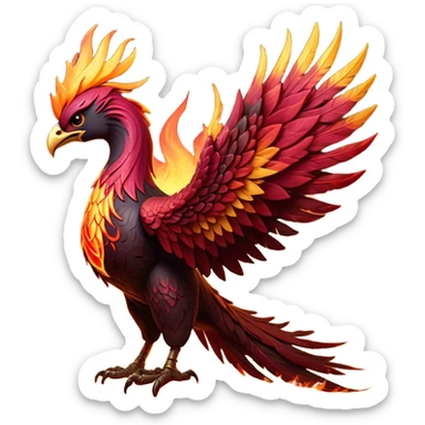Cinematic Noble Battle-Hardened Mystical Fire Phoenix Portrait Emoji, with scorched, battle-scarred plumage in deep crimson, burnt gold, and smoldering ember hues. Its piercing eyes, hardened by countless conflicts, blaze with unyielding resolve and ancient wisdom. The elongated tail feathers bear vivid marks of fiery combat, rendered with lifelike texture and dynamic highlights, high shine, exuding an aura of mythic martial valor, focused and commanding, with a soft glowing outline that captures a phoenix forged in the fires of war. sticker