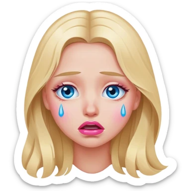 A beautiful blonde girl with long hair, blue eyes, pink lips is crying sticker
