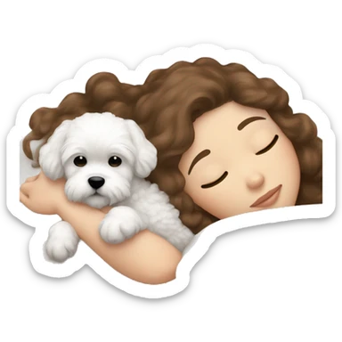 White girl brown hair sleeping with Mini Bichon sticker