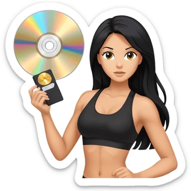 glasses, long black hair tanned woman, black sports bra, sexy, hot, data analysis, holding a cd  and memory stick sticker