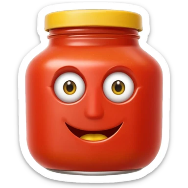 Un tarro de salsa de tomate y un tarro de salsa de mostaza al uno al lado del otro, los dos tarros con ojos sticker