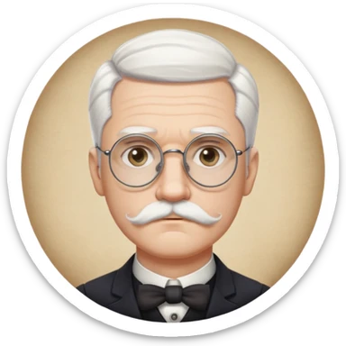 Hair: Likely a neat, early 1900s style haircut, possibly parted to the side.
Facial Hair: He had a mustache in some photos.
Eyesight: He wore round or oval glasses.
Demeanor: He often had a serious, thoughtful expression, white hair and white mustache sticker