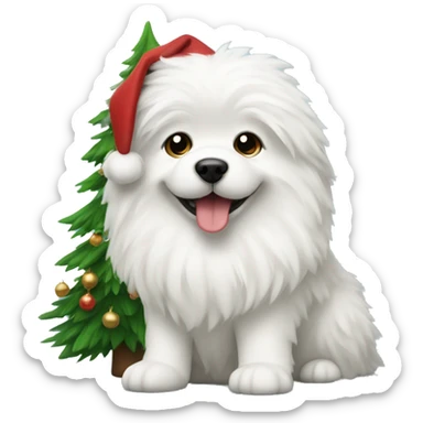  white fluffy dog and Christmas tree sticker