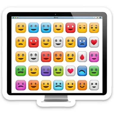 Emoji style simplified iMac screen displaying app icons in grid sticker