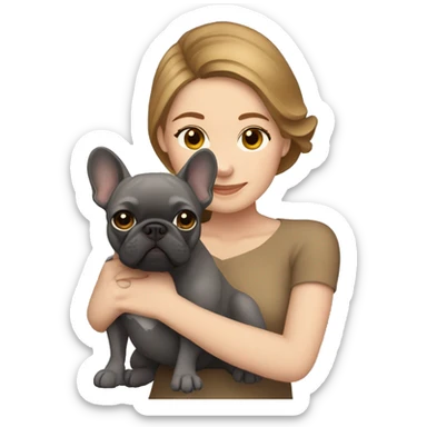 light brown hair woman hugging a dark gray french bulldog sticker
