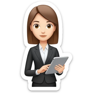 A flat-style illustration of a business executive confidently, holding a digital tablet or folder. The character wears smart business attire, clean cartoon style, white background, iOS emoji aesthetic. sticker