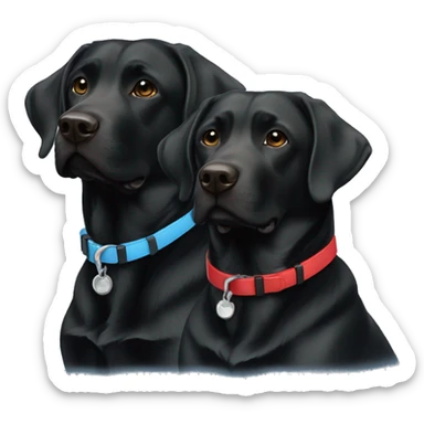 2 happy adult black labradors side by side, one with red colour, other with light blue collar sticker