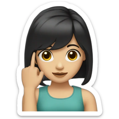 A girl with black hair and light skin puts her finger on her head sticker