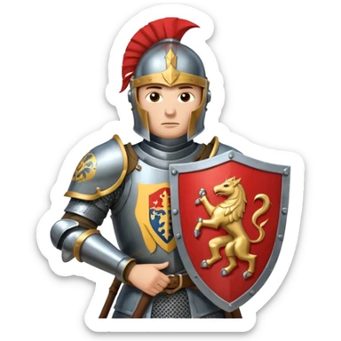 An emoji portrait of a medieval knight. He wears a suit of armor with a stylized helmet. His expression is serious and determined, and he holds a shield with a family crest. sticker