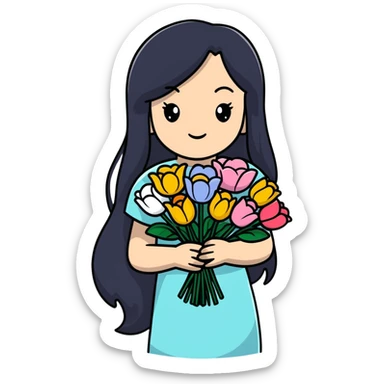 Beautiful girl with long black hair holding a bouquet of flowers sticker