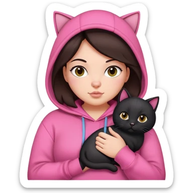 curvy girl with dark brown hair in pink hoodie with black cat on her hand sticker