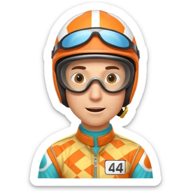 horse race jockey portrait, head and shoulders only, bright patterned racing uniform, helmet and goggles, energetic expression, 3D cartoon, mobile game icon style, clean background, no text, no watermark
 sticker