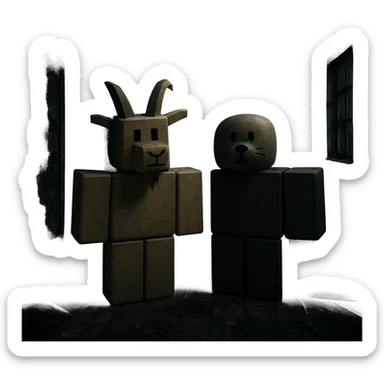 A goat and a seal drawn like Roblox characters in the abandoned and scary environment of the 'Forsaken' game, with a dark and eerie atmosphere, blocky and stylized game characters sticker