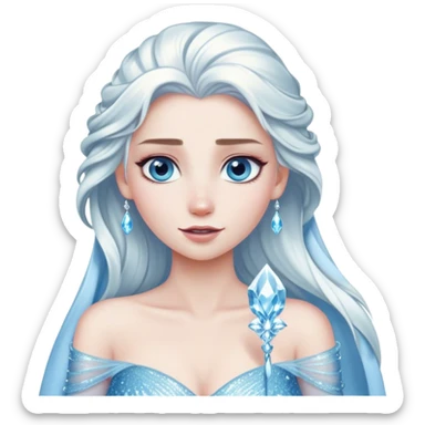 Cinematic Elegant Snow Queen Portrait Emoji, rendered in a realistic, vector-style with minimal shading and bold, simplified shapes. Depict Elsa (chest and above) with icy pale skin, long flowing platinum hair, and piercing blue eyes that exude quiet power, dressed in a shimmering ice-blue gown. The image glows with a soft, frosty radiance and high shine, capturing her ethereal, regal beauty. sticker