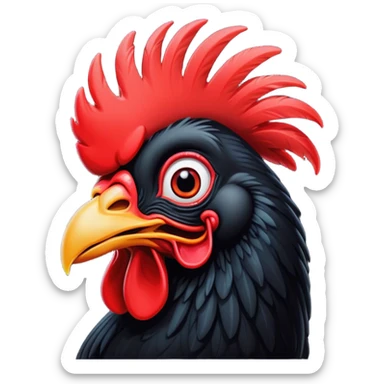Cinematic Comical Black Rooster Portrait Emoji, Head tilted dramatically with an exaggeratedly shocked or amused expression, featuring a striking pure black plumage with a bold red comb, wide, expressive eyes filled with playful disbelief, Simplified yet hilariously expressive features, highly detailed, glowing with a slightly sassy glow, high shine, dramatic yet playful, stylized with an air of cheeky mischief, bright and endearing, soft glowing outline, capturing the essence of a spirited and over-the-top rooster, so meme-worthy it feels like it could crow its way into internet fame instantly! sticker