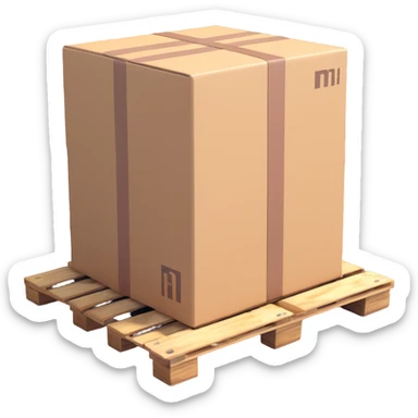3D style of a location marker next to a pallet or box, realistic shading and depth sticker