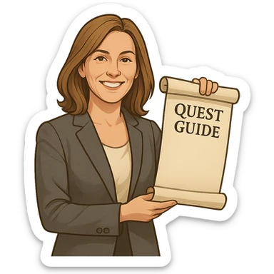 confident female mentor with shoulder-length light brown hair, smiling, in smart blazer and blouse, holding a scroll as quest guide sticker