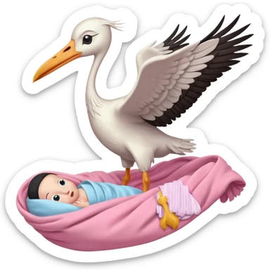 Flying white Stork carrying a human baby in a bundle sticker