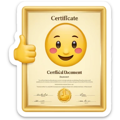A simple emoji of a certificate document with a seal and a thumbs-up symbol, representing qualification or certification emoji style sticker