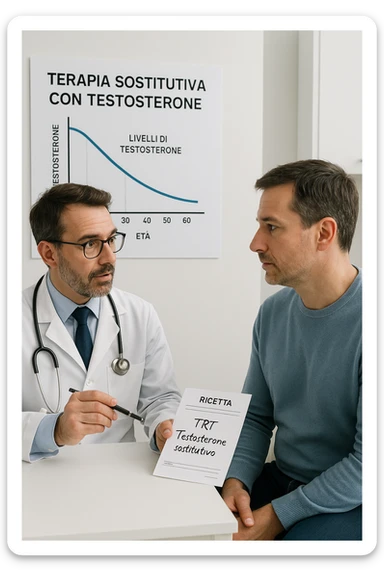 a man in his 40s sits in a doctor’s office, listening attentively as a physician explains TRT (Testosterone Replacement Therapy). The doctor holds a prescription pad and points to an educational chart showing testosterone levels. The mood is professional and informative, with a clean, clinical background. scritte in italiano sticker