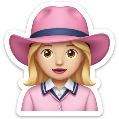 A 🤠 emoji but with a preppy pink hat and the mouth closed sticker