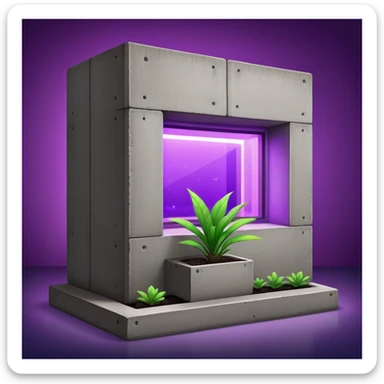 Rectangular concrete structure at night with one bright purple window from plant grow lights sticker